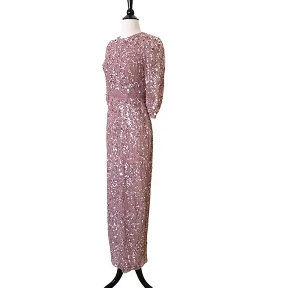 Mac Duggal 93790 Pink Rosewood Beaded Sequin Gown Puff Sleeve Formal Dress 16 - Picture 6 of 14